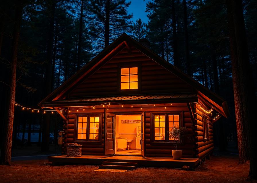 Baita rustica illuminata di notte